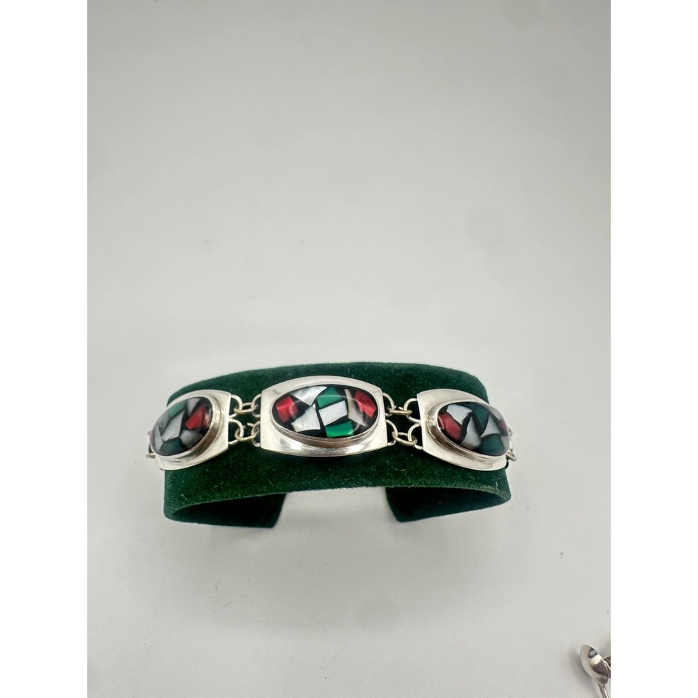 Vintage Sterling Silver Multicolor Inlay Bracelet & Earrings Set